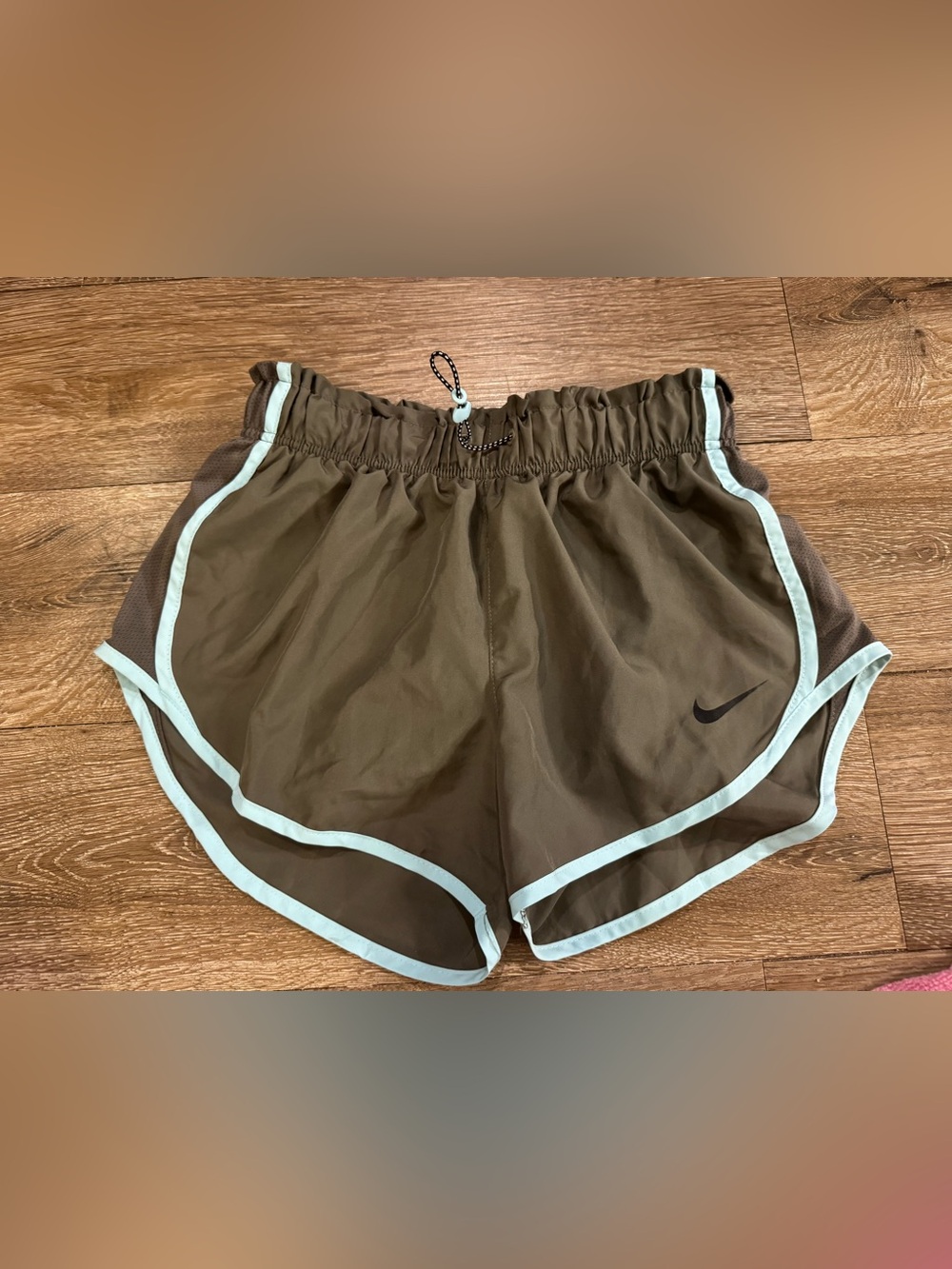 Nike Women's olive green Athletic Shorts with light blue piping XS